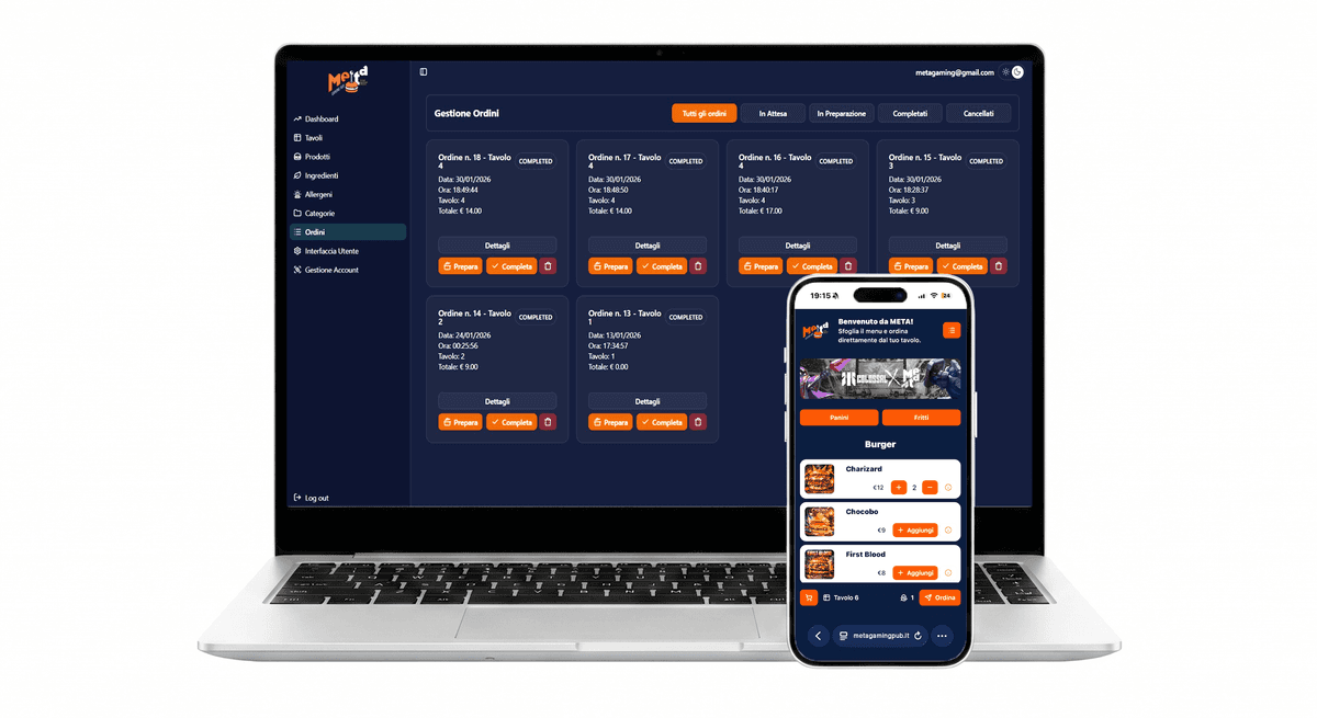 Menu digitale e ordinazioni al tavolo per un gaming pub